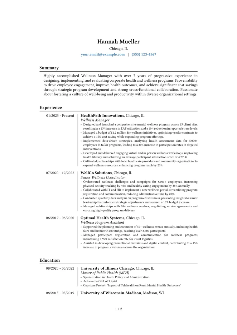 Wellness Manager Resume Example CV template preview