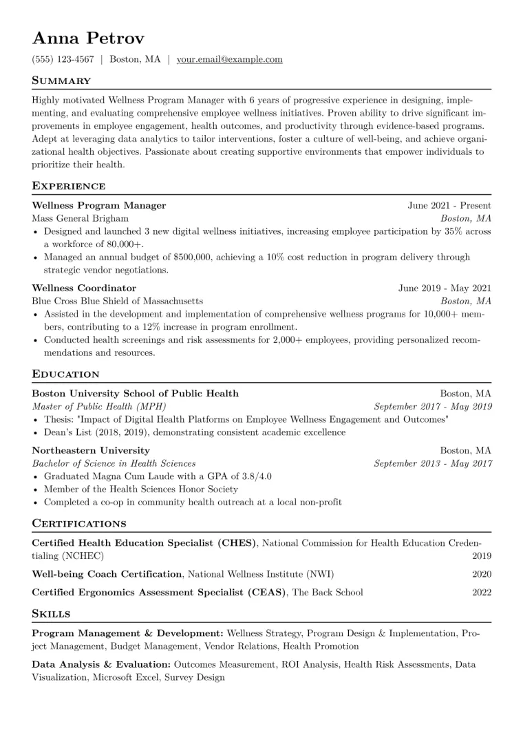 Wellness Program Manager Resume Example CV template preview