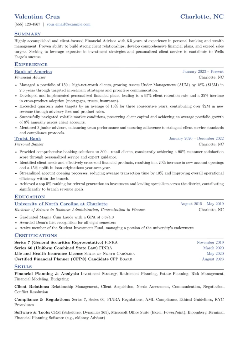 Wells Fargo Resume Example CV template preview