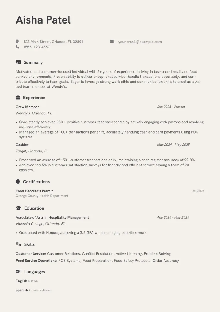 Wendy's Resume Example CV template preview