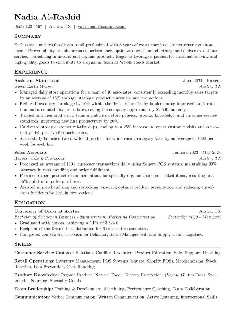 Whole Foods Resume Example CV template preview