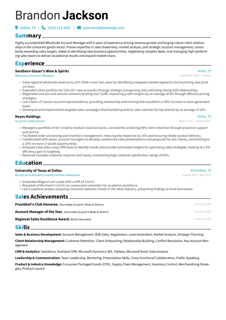 Wholesale Account Manager Resume Example CV template preview