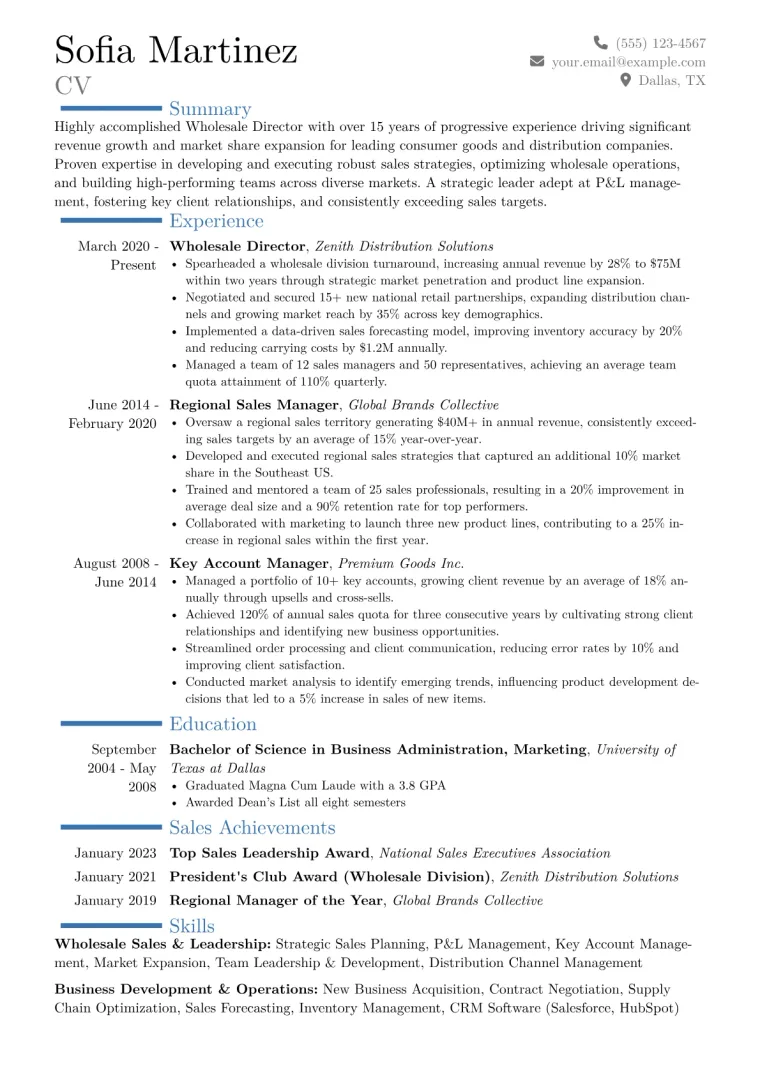 Wholesale Director Resume Example CV template preview