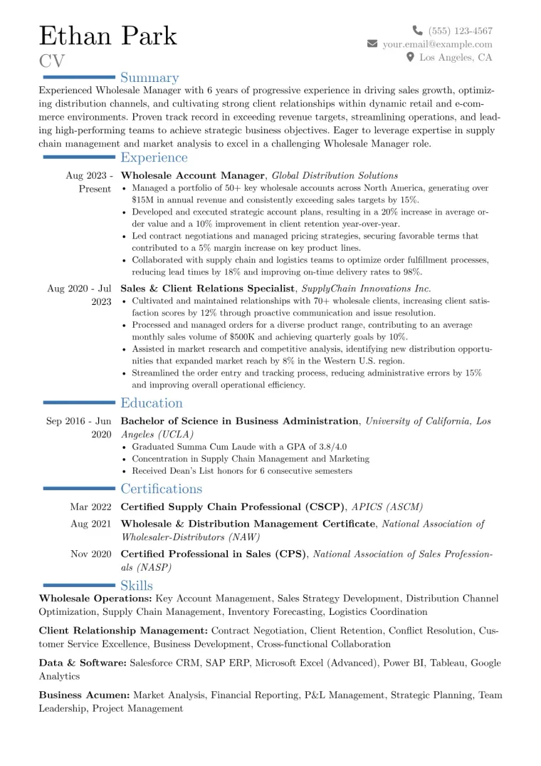 Wholesale Manager Resume Example CV template preview