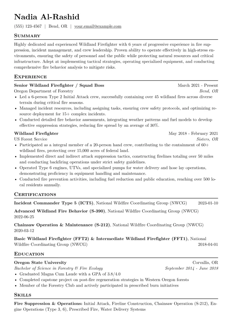 Wildland Firefighter Resume Example CV template preview