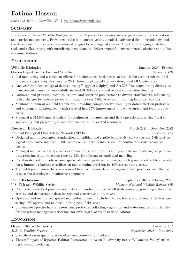 Wildlife Biologist Resume Example CV template preview