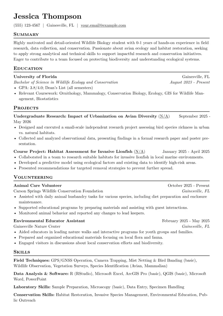 Wildlife Biology Student Resume Example CV template preview