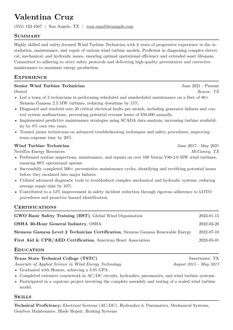 Wind Turbine Technician Resume Example CV template preview