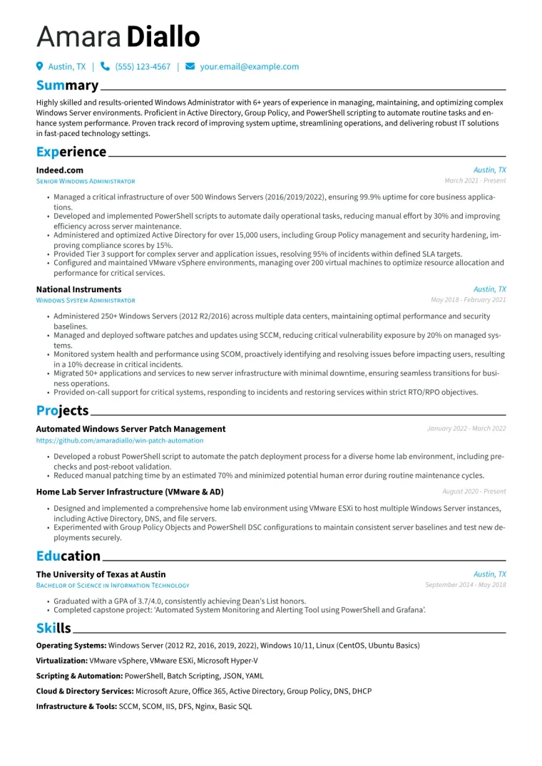 Windows Administrator Resume Example CV template preview