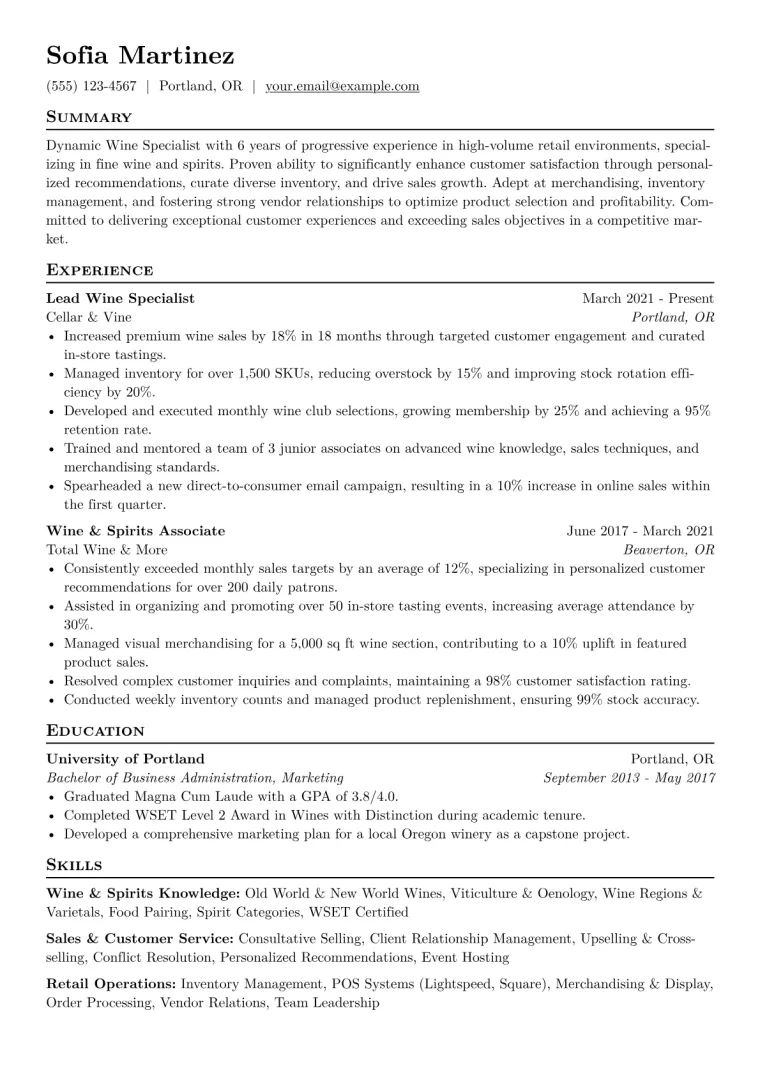 Wine Specialist Resume Example CV template preview