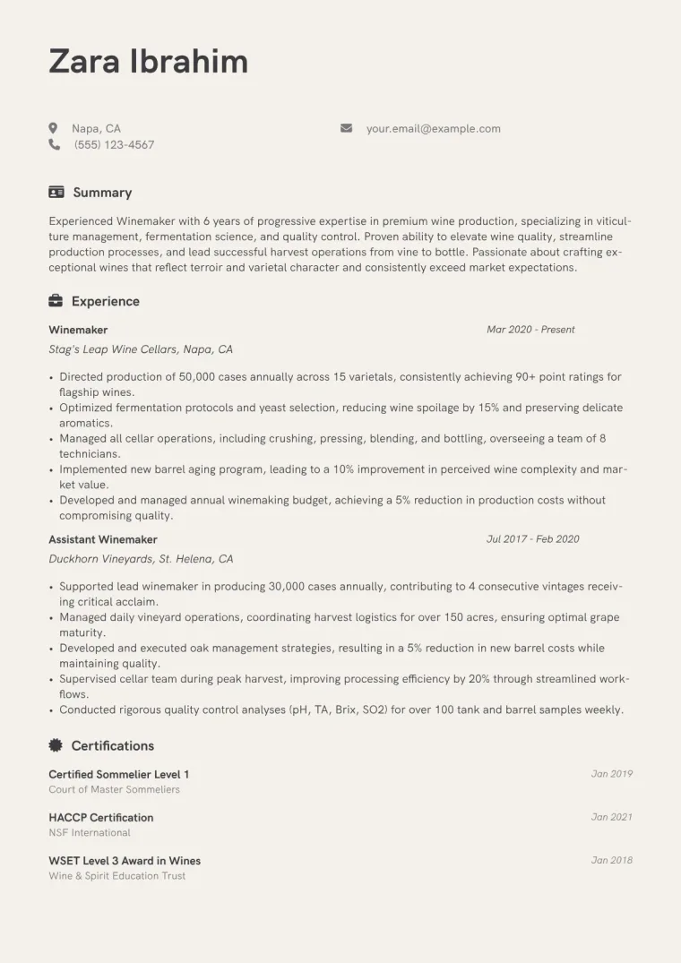 Winemaker Resume Example
