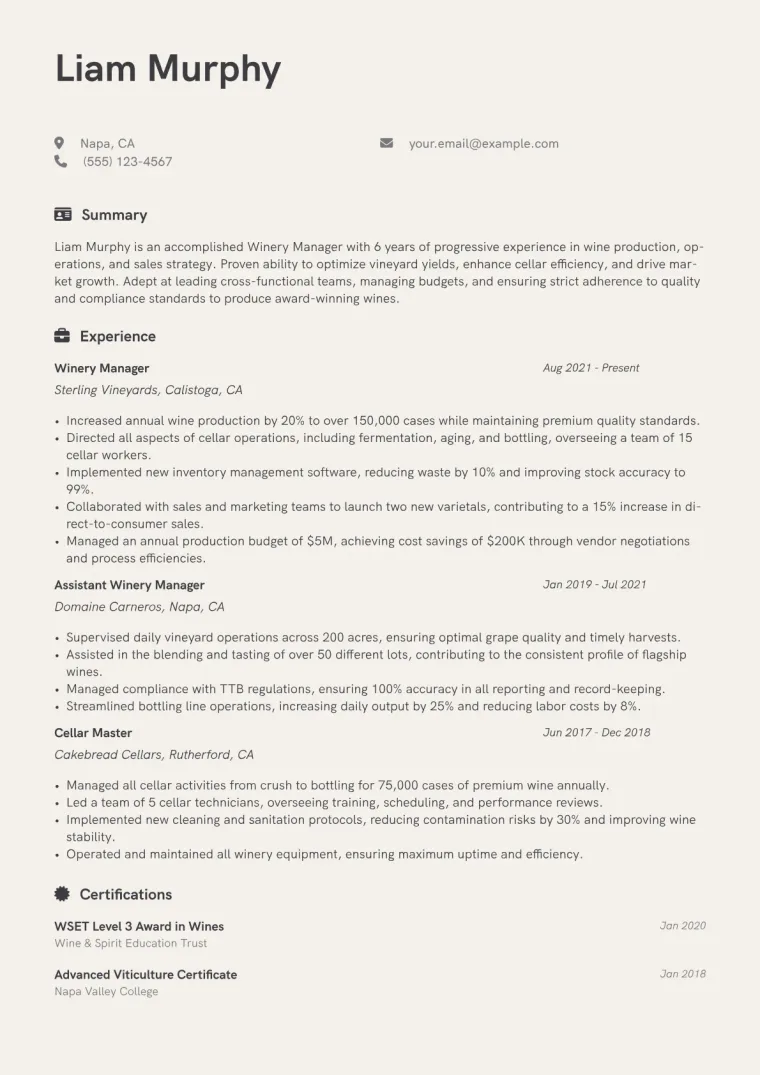 Winery Manager Resume Example CV template preview