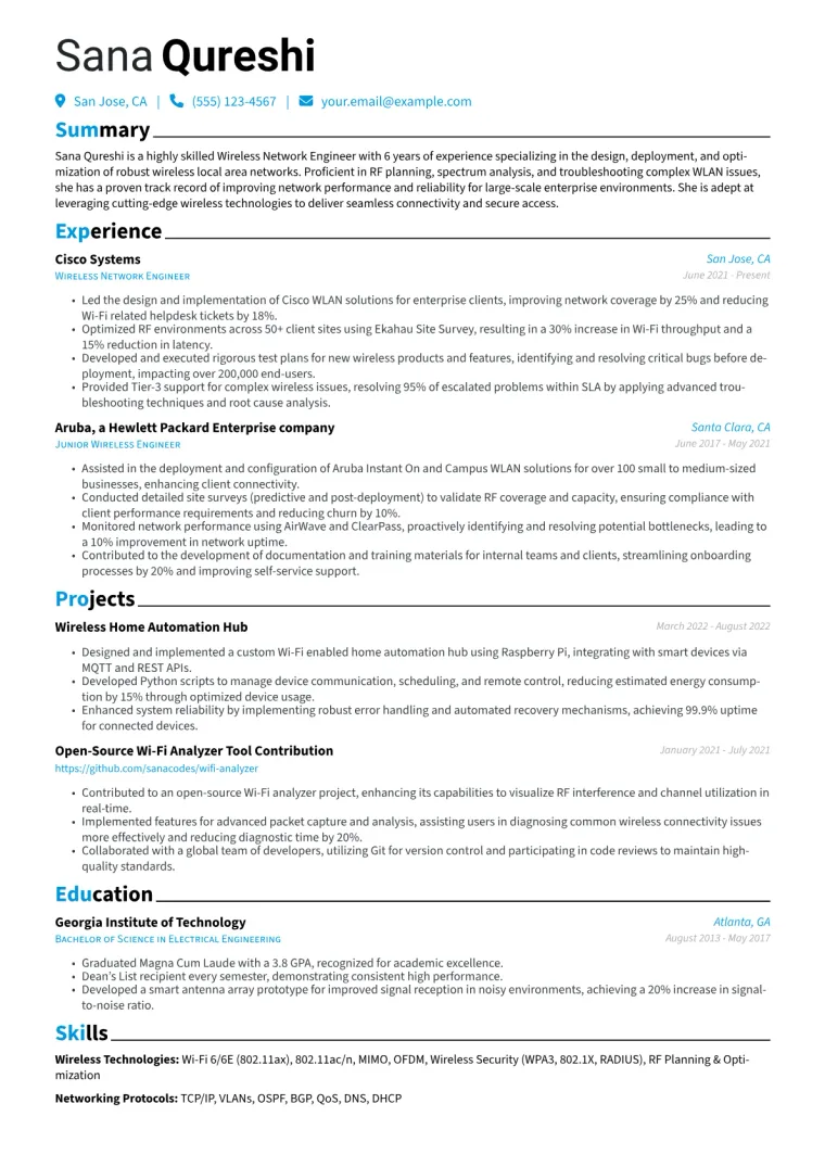 Wireless Network Engineer Resume Example CV template preview