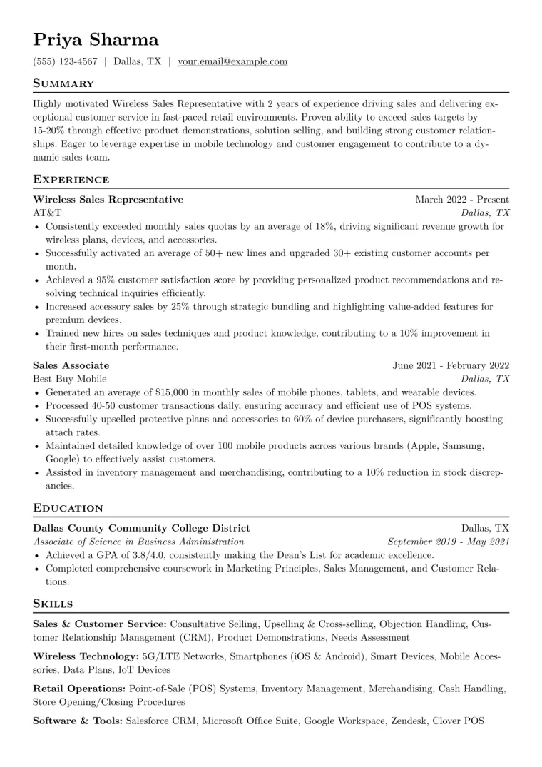 Wireless Sales Representative Resume Example CV template preview