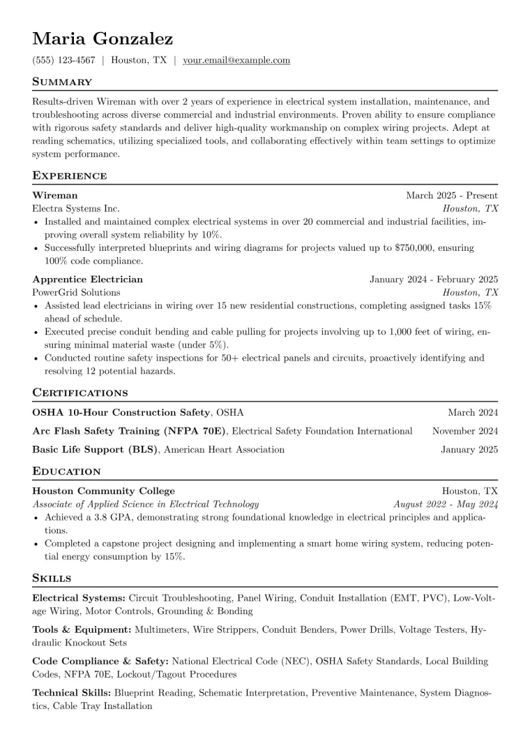 Wireman Resume Example preview