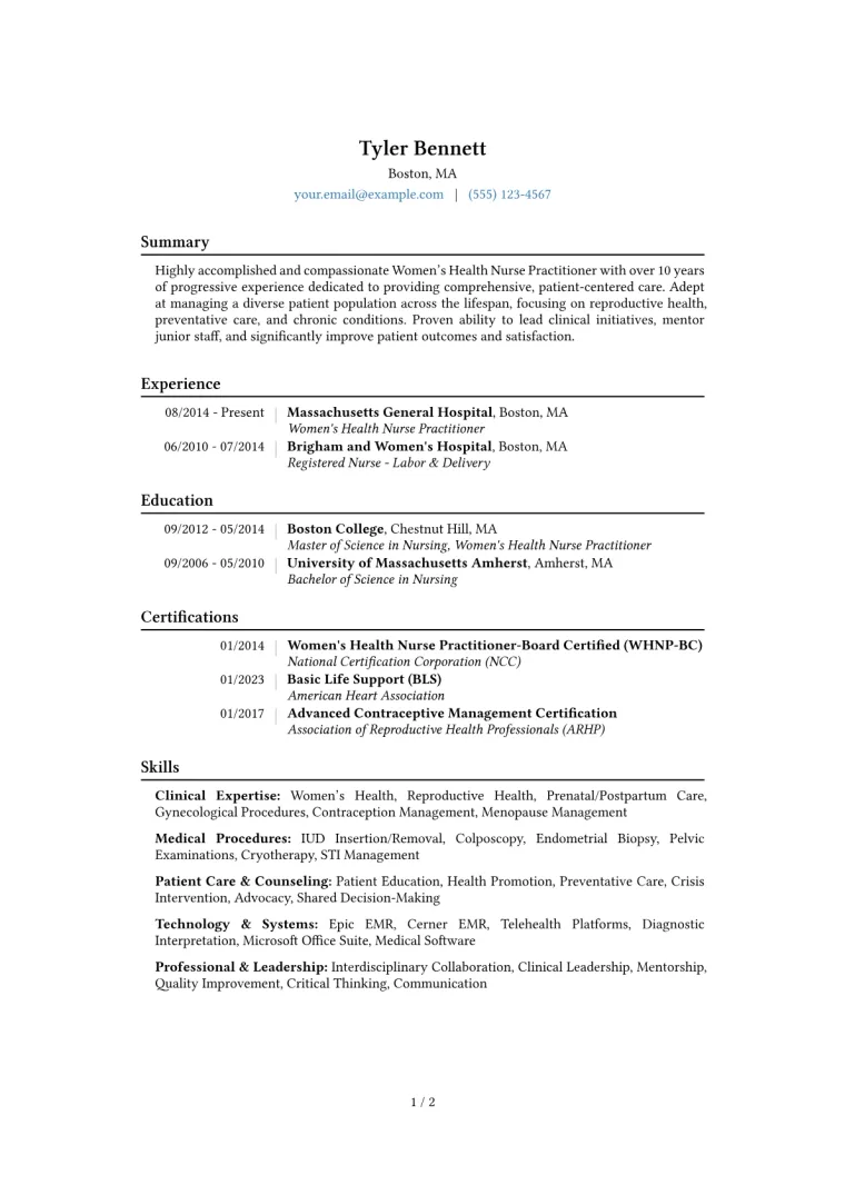 Women's Health NP Resume Example CV template preview