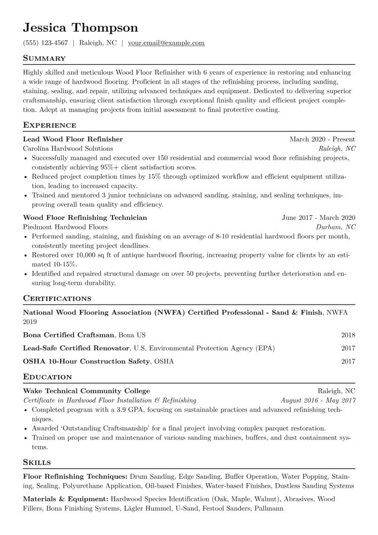 Wood Floor Refinisher Resume Example CV template preview