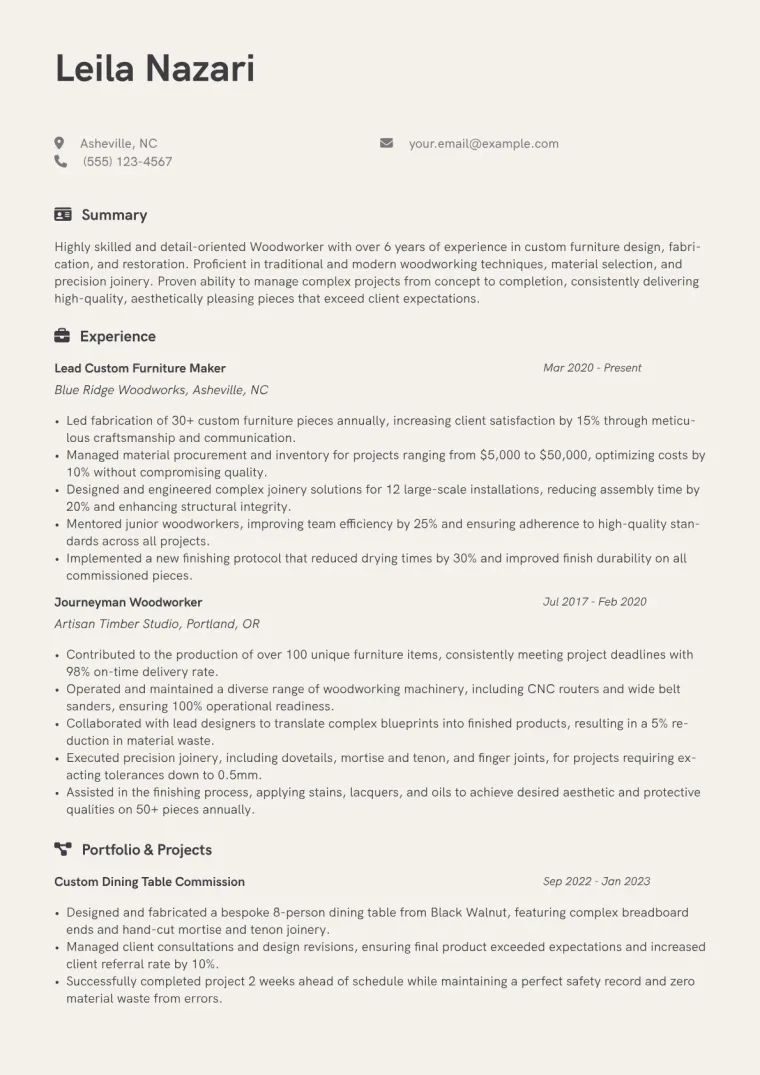 Woodworker Resume Example CV template preview
