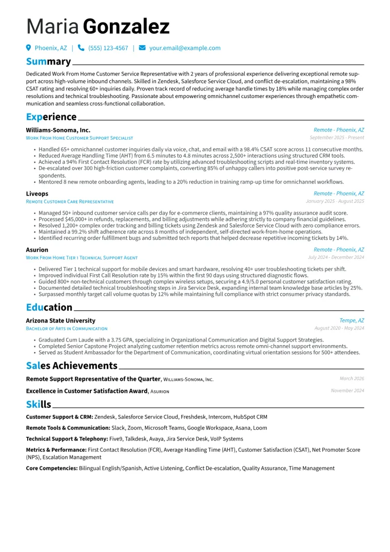 Work From Home Customer Service Representative Resume Example preview