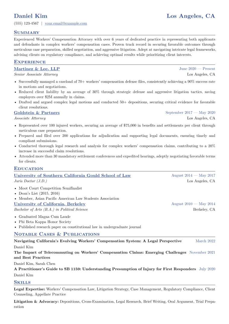 Workers Compensation Attorney Resume Example CV template preview