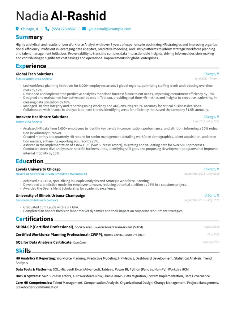 Workforce Analyst Resume Example CV template preview