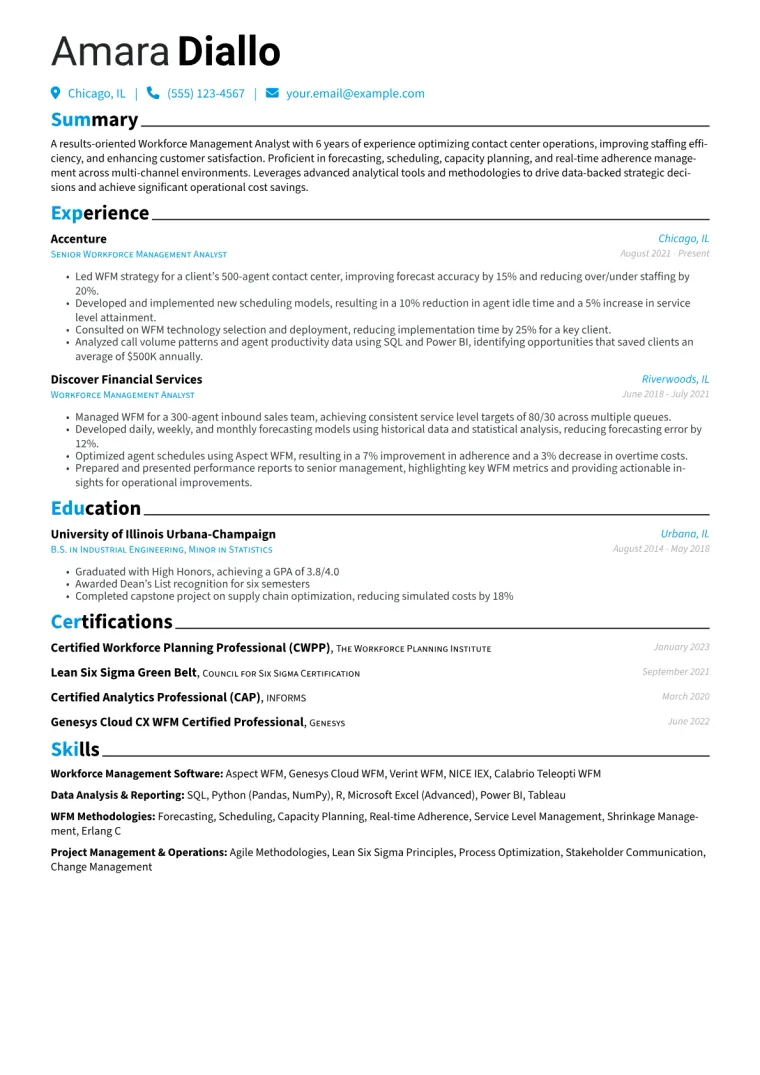 Workforce Management Analyst Resume Example CV template preview