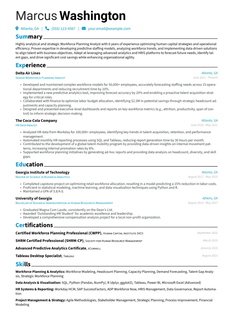 Workforce Planning Analyst Resume Example CV template preview