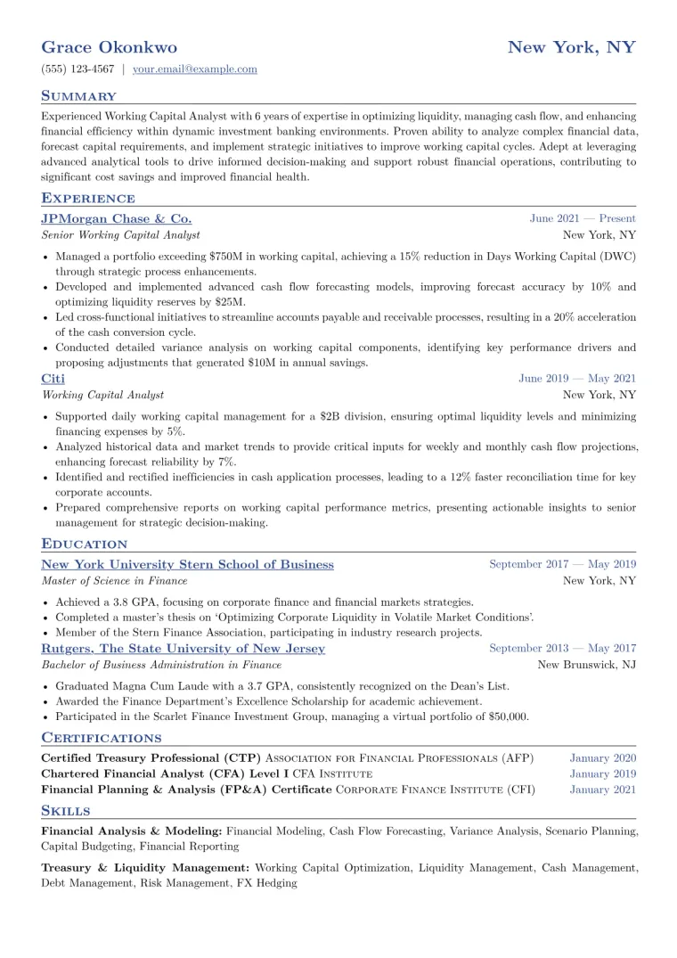 Working Capital Analyst Resume Example CV template preview