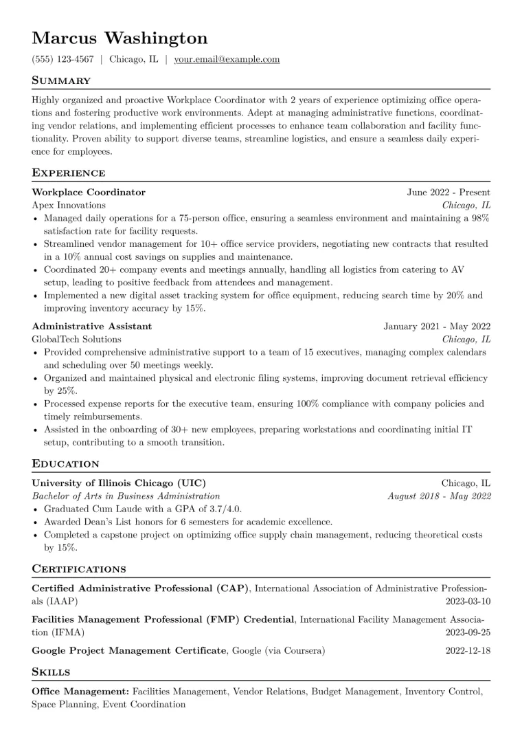 Workplace Coordinator Resume Example CV template preview