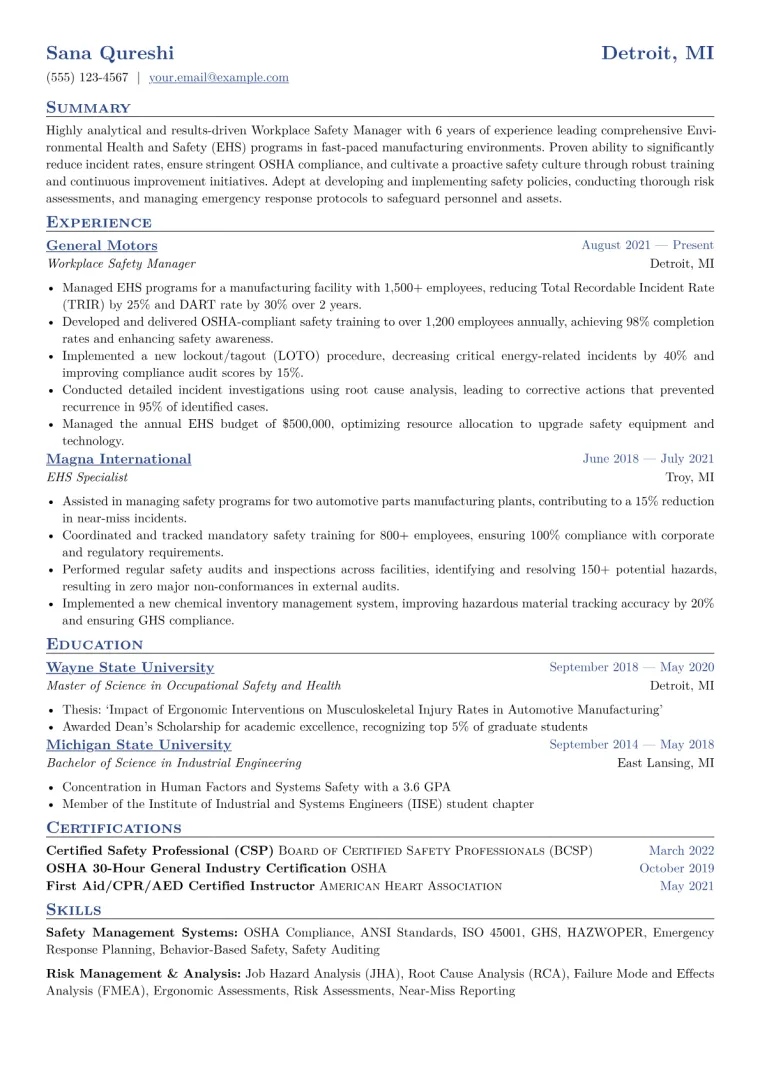 Workplace Safety Manager Resume Example CV template preview