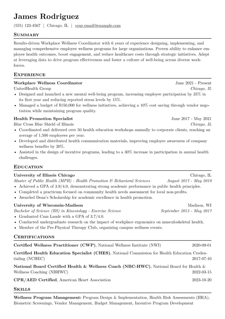 Workplace Wellness Coordinator Resume Example CV template preview