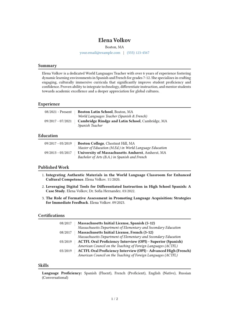World Languages Teacher Resume Example CV template preview