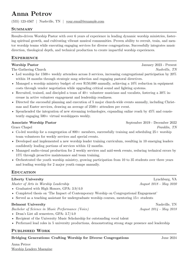 Worship Pastor Resume Example CV template preview