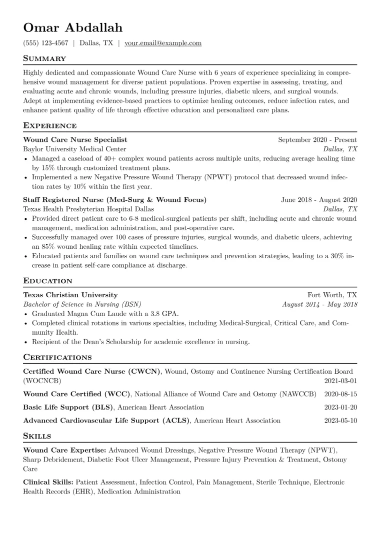 Wound Care Nurse Resume Example CV template preview