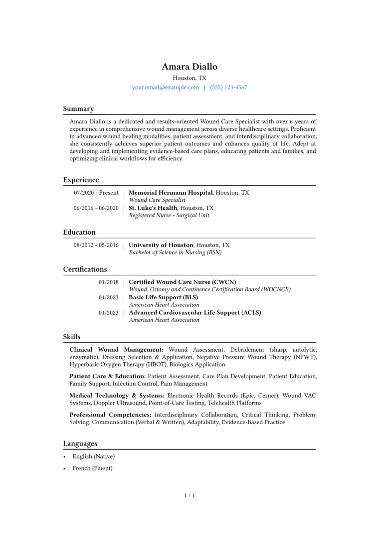 Wound Care Specialist Resume Example CV template preview