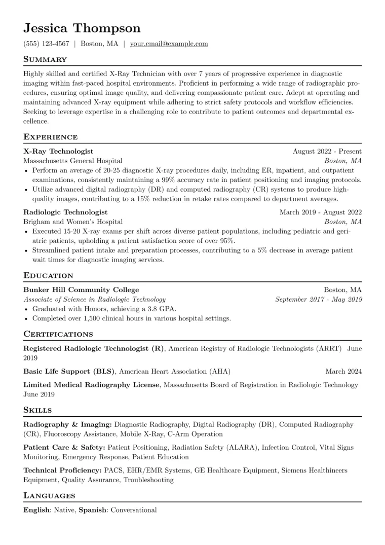 X-Ray Technician Resume Example CV template preview