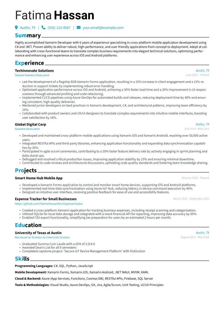 Xamarin Developer Resume Example CV template preview