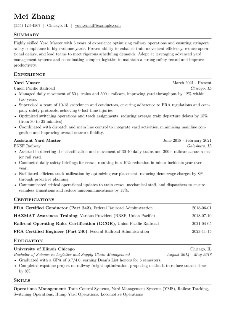 Yard Master Resume Example CV template preview