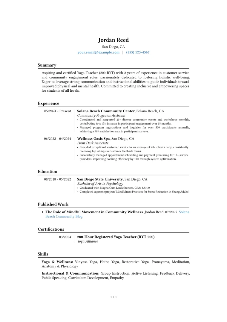 Yoga Teacher No Experience Resume Example CV template preview