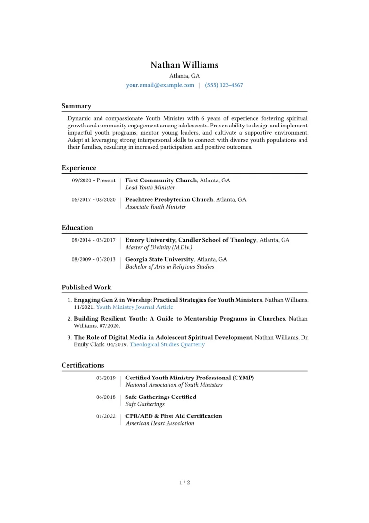 Youth Minister Resume Example CV template preview