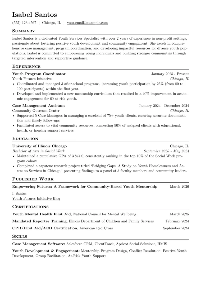 Youth Services Specialist Resume Example CV template preview