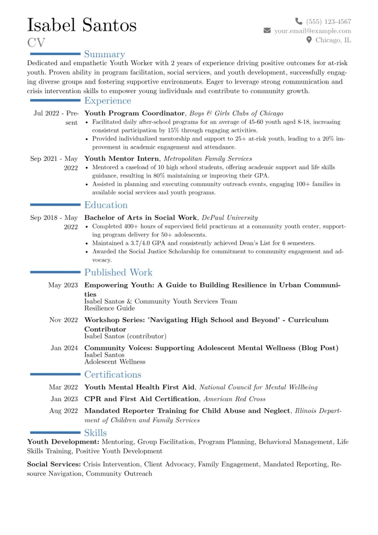 Youth Worker Resume Example CV template preview
