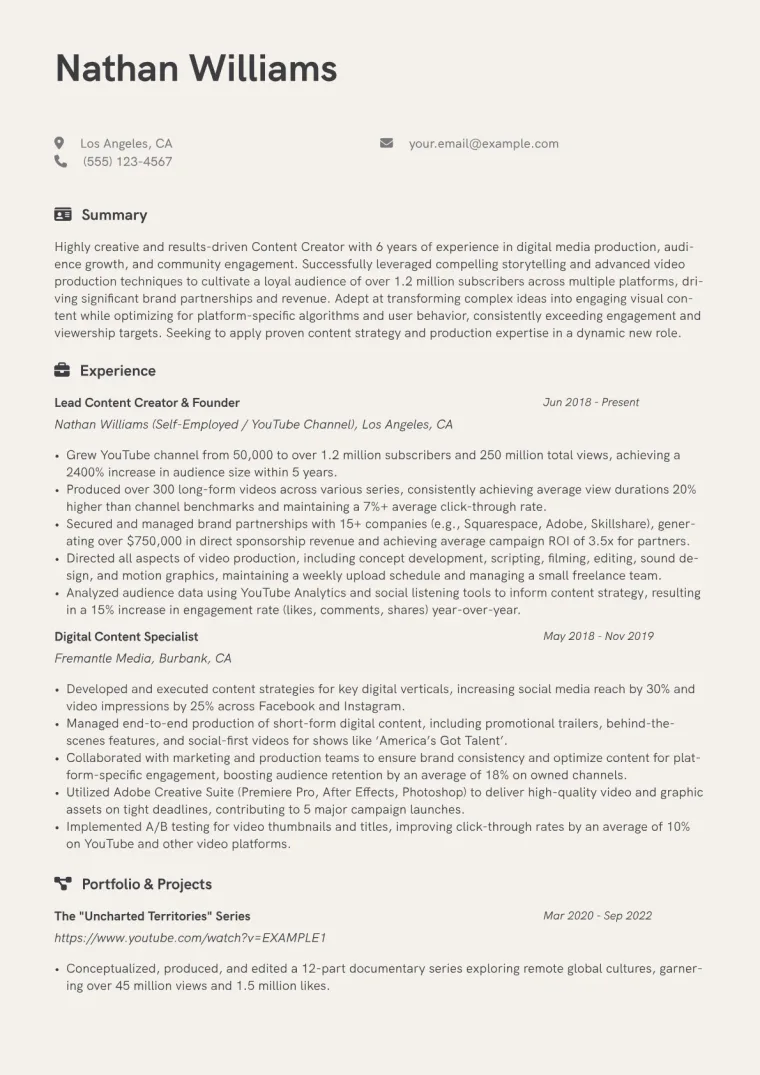 Youtuber Resume Example CV template preview