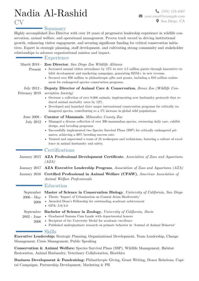 Zoo Director Resume Example CV template preview