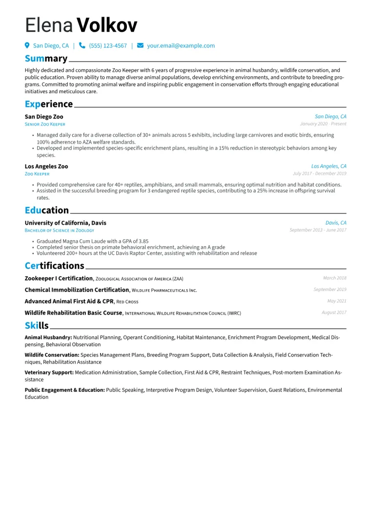Zoo Keeper Resume Example CV template preview