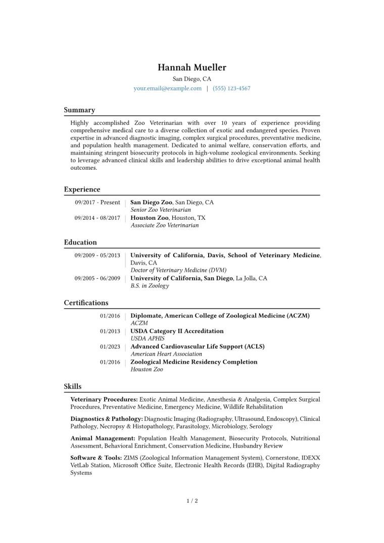 Zoo Veterinarian Resume Example CV template preview