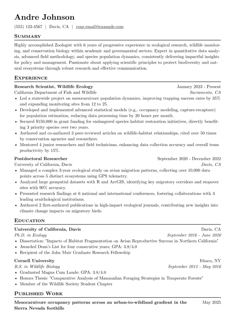 Zoologist Resume Example CV template preview