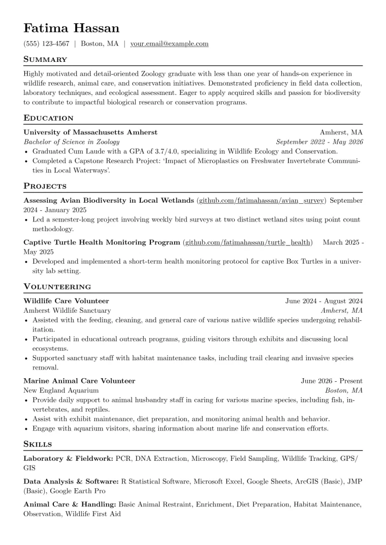 Zoology Resume Example CV template preview